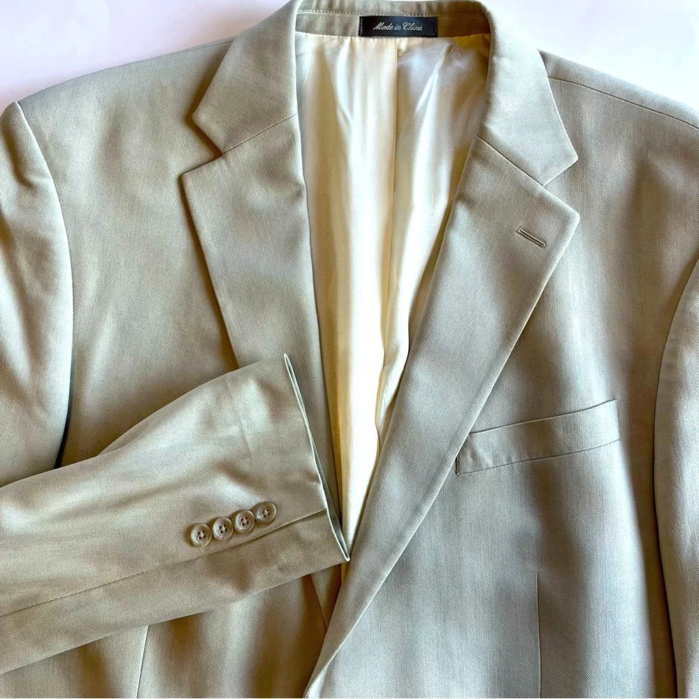 Oscar De La Renta Men's 44L 100% Silk Sport Coat Beige Herringbone Blazer